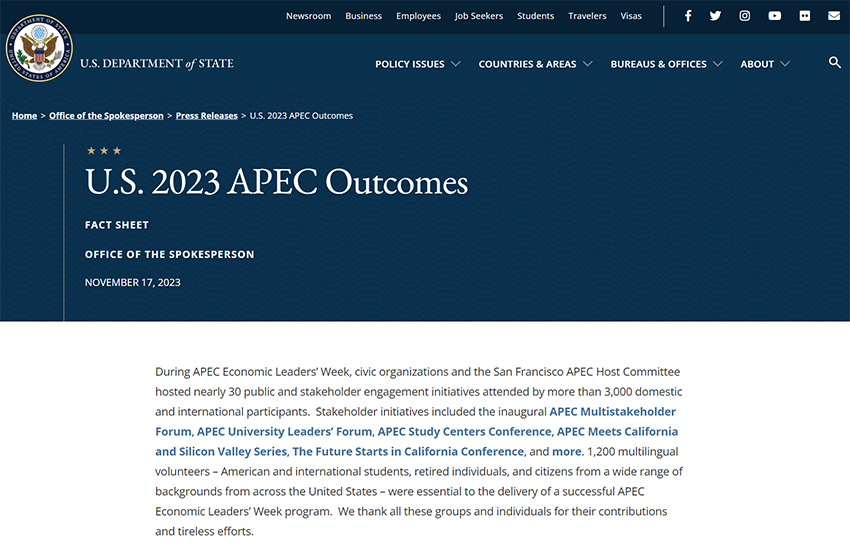 9170金沙集团_美国国务院宣布2023 APEC效果报告，，，湾区委员会相关活动列为主要效果